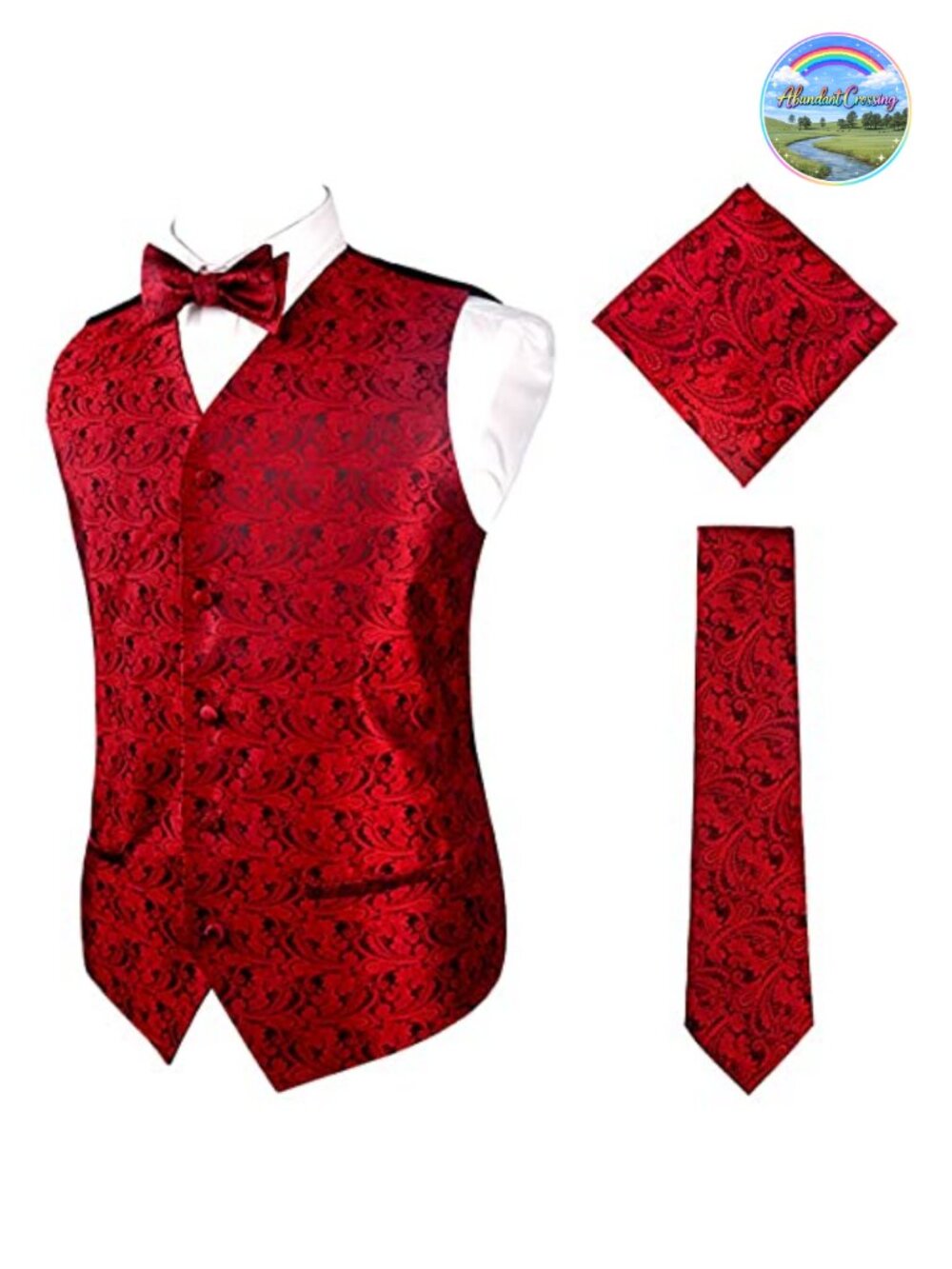 Mens 4pc Paisley Jacquard Waistcoat Vest Necktie Bow Tie Pocket Square Set
